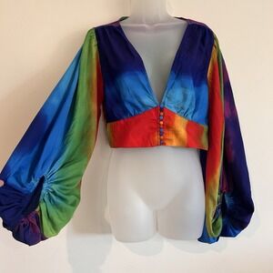 Live 4 Truth Rainbow Blouse Sz L Gypsy Festival Balloon Sleeves Crop Babydoll